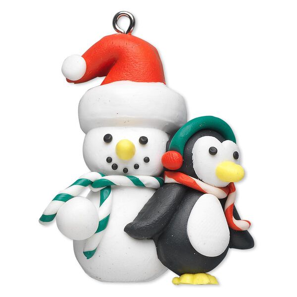 Ornament, polymer clay and imitation rhodium-finished steel, multicolored, 44x38mm snowman and penguin. Sold individually. image number 0