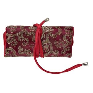 Jewelry roll, embroidered nylon brocade, red and multicolored, 6-1/4x3 inches closed, 8-1/2x6-1/4 inches open, sequined design, tie-cord closure. Sold individually.
