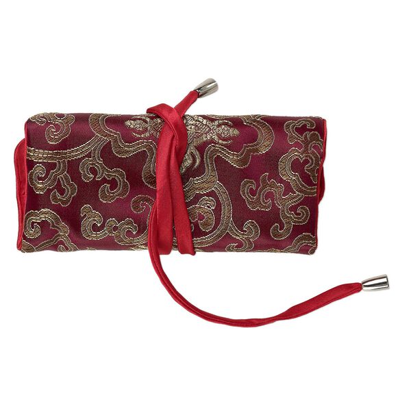 Jewelry roll, embroidered nylon brocade, red and multicolored, 6-1/4x3 inches closed, 8-1/2x6-1/4 inches open, sequined design, tie-cord closure. Sold individually. image number 0