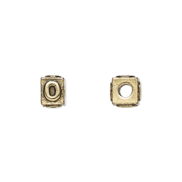 Bead, antique gold-plated pewter (tin-based alloy), 8x6mm rectangle with number "0." Sold per pkg of 4. image number 0