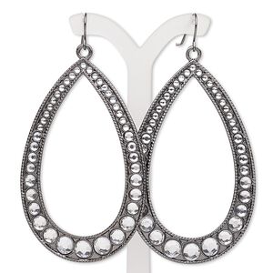 Earring, acrylic rhinestone with gunmetal-finished "pewter" (zinc-based alloy) and steel, clear, 3-3/8 inches with open teardrop and fishhook ear wire. Sold per pair.