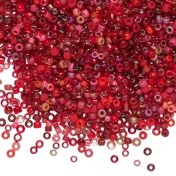 Seed bead mix, glass, 1pkg25g, #15 to #11 round, opaque and translucent multi-red image number 0