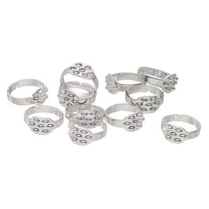 Ring, silver-finished brass, adjustable, 9.5mm with 7 loops. Sold per pkg of 12.