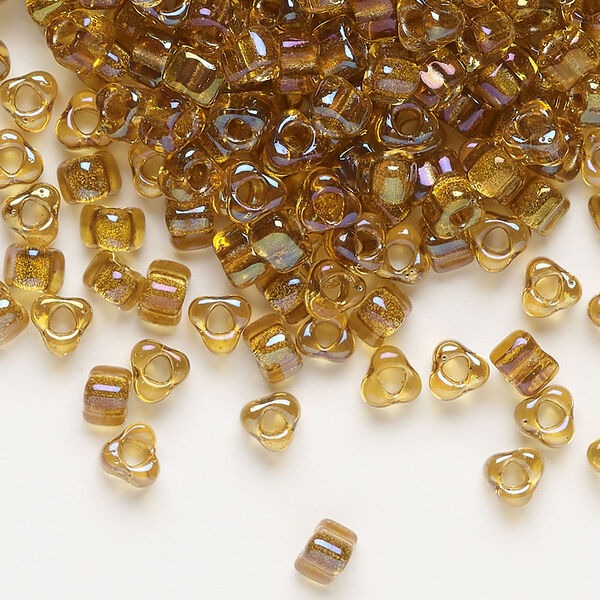 Seed bead, Miyuki, glass, transparent yellow color-lined gold, (TR1126), #5 triangle. Sold per 25-gram pkg. image number 0