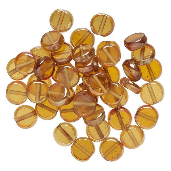 Bead, lampworked glass, translucent peach luster, 12mm puffed flat round. Sold per 2-ounce pkg, approximately 45 beads. image number 0