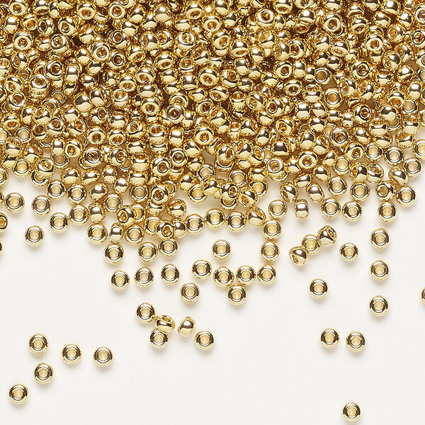 Seed bead, Miyuki, glass, pkg/250g, #11 rocaille, opaque 24Kt gold-plated light, (RR-193). image number 0