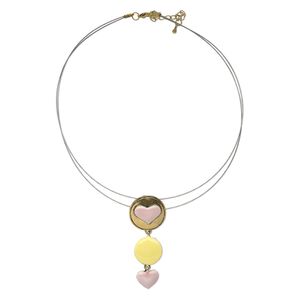 Necklace, 2-strand, antiqued gold-finished "pewter" (zinc-based alloy) and steel, yellow and pink, 68x26mm heart and circle dangle, 16 inches with lobster claw clasp and 3-inch extender chain. Sold individually.