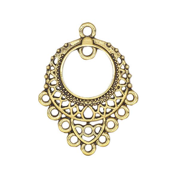 Drop, antique gold-finished "pewter" (zinc-based alloy), 26x23mm single-sided filigree with 10 loops. Sold per pkg of 10. image number 0