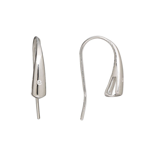Ear wire, sterling silver and cubic zirconia, 18mm fishhook with closed bottom hidden loop, 20 gauge. Sold per pair. image number 0