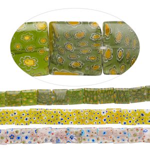 Bead mix, millefiori glass, translucent multicolored, 16mm puffed square with flower design. Sold per pkg of (3) 14-inch strands.