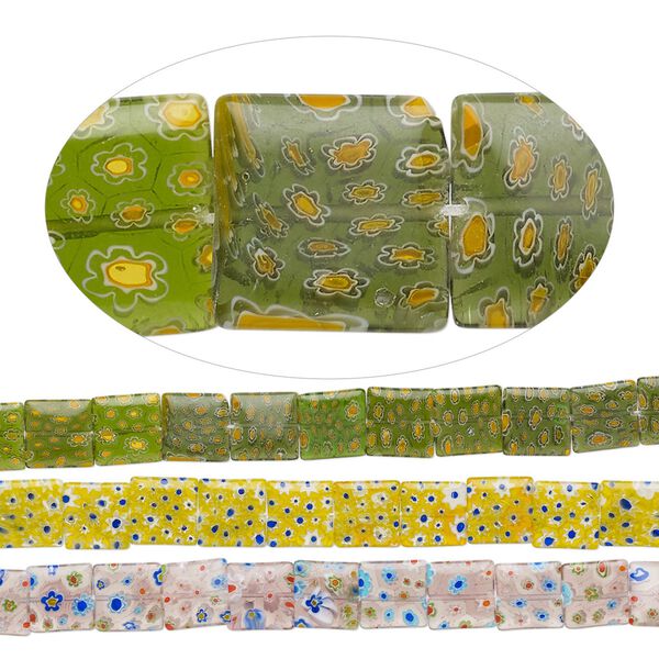 Bead mix, millefiori glass, translucent multicolored, 16mm puffed square with flower design. Sold per pkg of (3) 14-inch strands. image number 0