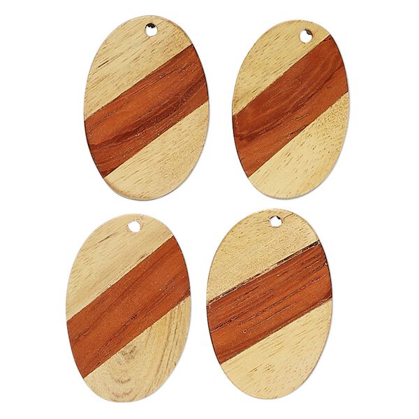 Focal, mango wood and resin (dyed/assembled), brown / tan / black, 32x21mm-29x19mm top-drilled flat oval. Sold per pkg of 4. image number 0