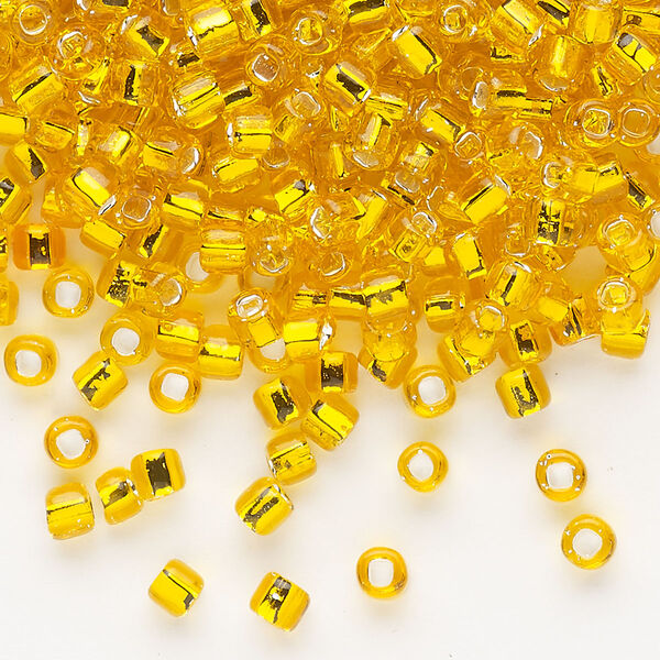Seed bead, Dyna-Mites™, glass, silver-lined translucent orange, #6 round with square hole. Sold per 40-gram pkg. image number 0