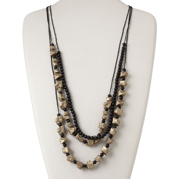 Necklace, 3-strand, waxed cotton cord / gold-coated plastic / acrylic / silver-finished steel, black, nugget, 40 inches with 2-inch extender chain and lobster claw clasp. Sold individually. image number 0
