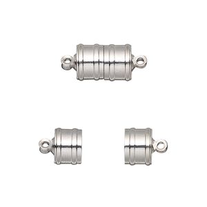 Clasp magnetic 1pkg1, 11.5x8mm ribbed barrel, silver-finished brass 1-strand