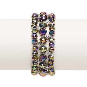 Bracelet, stretch, glass and antique silver-plated "pewter" (zinc-based alloy), clear and metallic rainbow, 26mm wide, 6 inches. Sold individually.