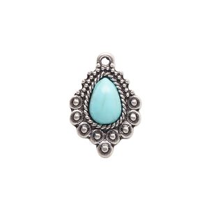 Drop, antique silver-finished "pewter" (zinc-based alloy) and "turquoise" (resin) (imitation), turquoise blue, 20x15mm single-sided teardrop. Sold per pkg of 4.