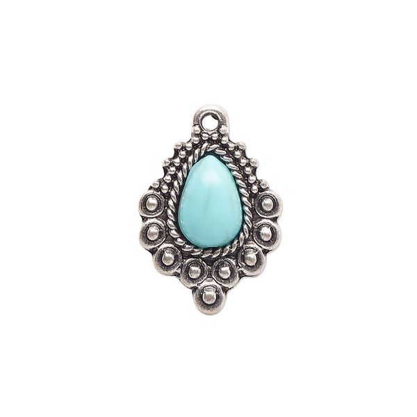Drop, antique silver-finished "pewter" (zinc-based alloy) and "turquoise" (resin) (imitation), turquoise blue, 20x15mm single-sided teardrop. Sold per pkg of 4. image number 0