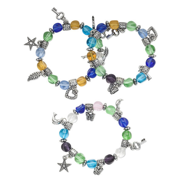 Bracelet mix, stretch, acrylic and silver-coated plastic, multicolored, 9mm wide with assorted shape, 6-1/2 inches. Sold per pkg of 3. image number 0