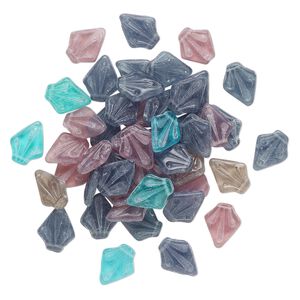 Bead mix, glass, translucent aqua blue / purple / blue-grey, 18x14mm-19x15mm textured kite. Sold per pkg of 50 beads.