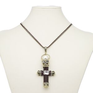 Necklace, acrylic pearl / glass / glass rhinestone / cotton cord / gold-finished brass / steel / "pewter" (zinc-based alloy), brown / clear / white, 3-1/2 x 1-3/4 inch cross with skull, 36 inches with 2-inch extender chain and lobster claw clasp. Sold individually.