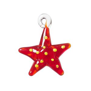 Drop, lampworked glass, red and yellow, 23x21mm 2-sided beaded starfish. Sold individually.
