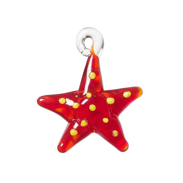 Drop, lampworked glass, red and yellow, 23x21mm 2-sided beaded starfish. Sold individually. image number 0