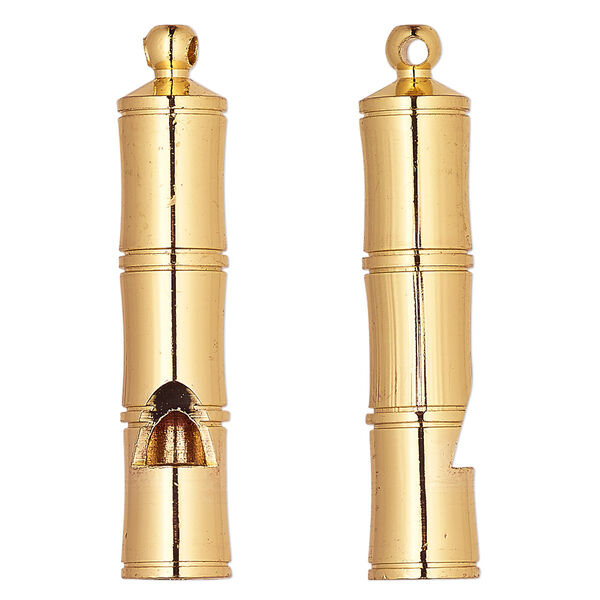 Focal, gold-finished brass, 41x8mm round tube whistle with lines. Sold per pkg of 2. image number 0