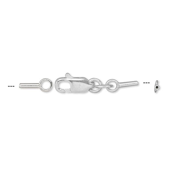 Clasp, lobster claw, sterling silver and steel, 28x4mm with crimp tube ends, 0.7mm inside diameter. Sold per pkg of 10. image number 0