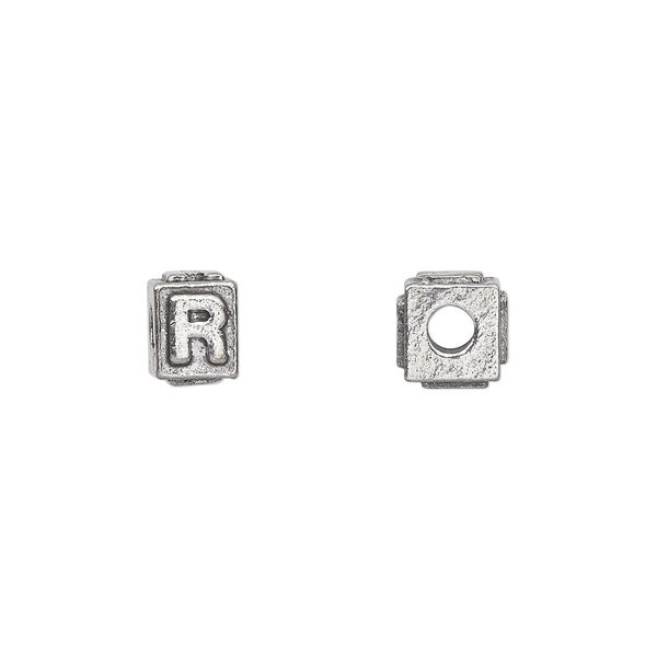 Bead, antiqued pewter (tin-based alloy), 8x6mm rectangle with alphabet letter "R". Sold per pkg of 4. image number 0