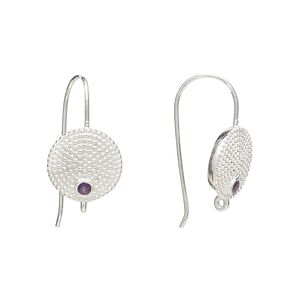 Sterling silver / amethyst 1pkg2, textured flat round ear wire natural, fishhook / closed loop 22 gauge 20mm / 11mm