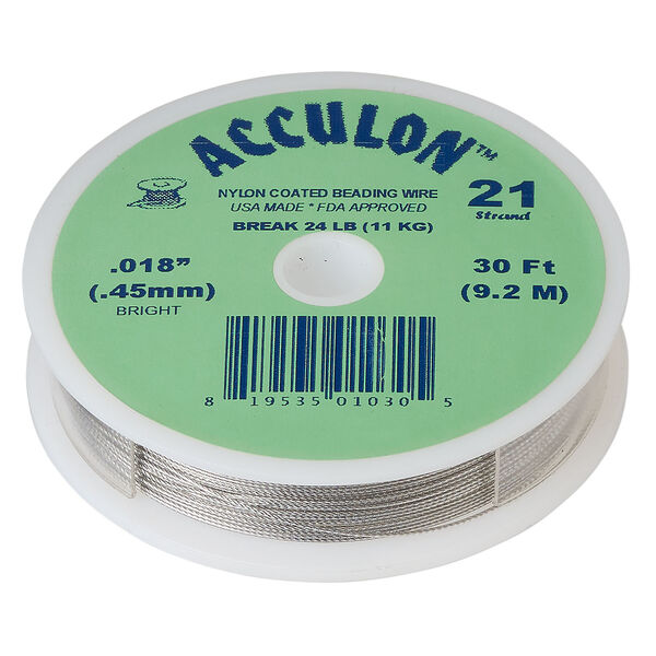 Beading wire, Acculon®, nylon-coated stainless steel, clear, 21 strand, 0.018-inch diameter. Sold per 30-foot spool. image number 0