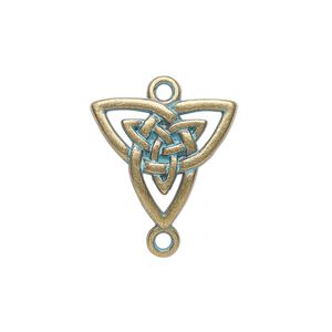Link, antique brass-finished "pewter" (zinc-based alloy), green patina, 19.5x17mm single-sided curved Celtic triangle knot. Sold per pkg of 4.