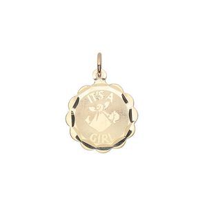 Charm, 14Kt gold, 15mm "It's A Girl" round. Sold individually.