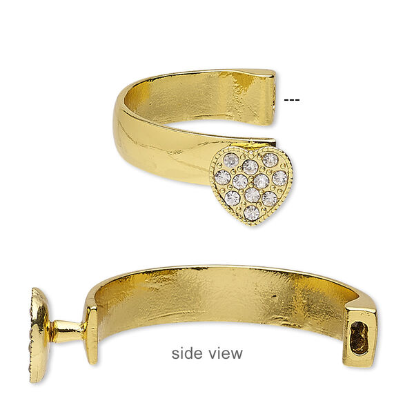 Bracelet component, glass rhinestone and gold-finished "pewter" (zinc-based alloy), clear, 10.5mm wide with 16x16mm heart, 42x26mm inside diameter with 5.5x2mm glue-in end. Sold individually. image number 0
