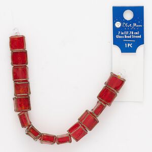 Bead, glass, red and gold, 13x12mm square. Sold per 7-inch strand.
