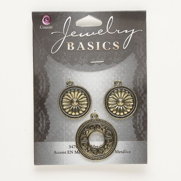 Drop assortment, antique brass-finished brass, (1) 26mm textured open round and (2) textured round with flower. Sold per pkg of 3. image number 0