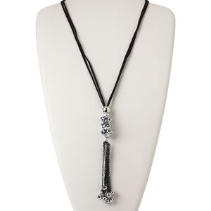 Necklace, 2-strand, velvet cord / steel / glass / silver-coated plastic, black and metallic silver, 8x6mm faceted rondelle with 6-inch dangle, 32 inches with knotted end. Sold individually.