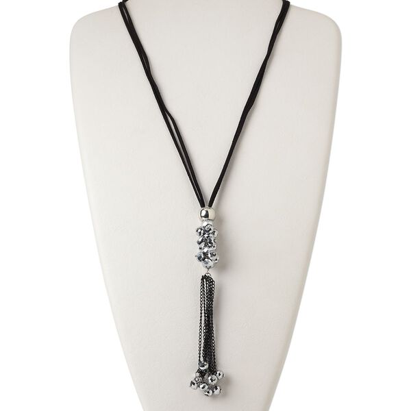 Necklace, 2-strand, velvet cord / steel / glass / silver-coated plastic, black and metallic silver, 8x6mm faceted rondelle with 6-inch dangle, 32 inches with knotted end. Sold individually. image number 0