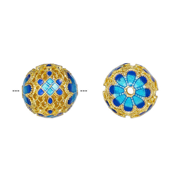 Bead, gold-finished brass and enamel, light blue and blue, 17mm round with open filigree and flower design. Sold individually. image number 0
