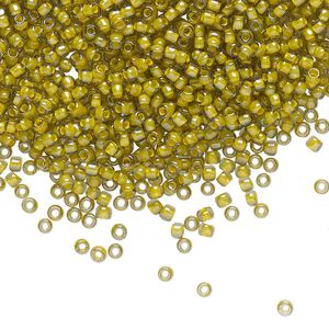 Seed bead, TOHO BEADS®, glass, pkg/7.5g, #11 round, opaque luster yellow-lined black diamond (TR-11-246).