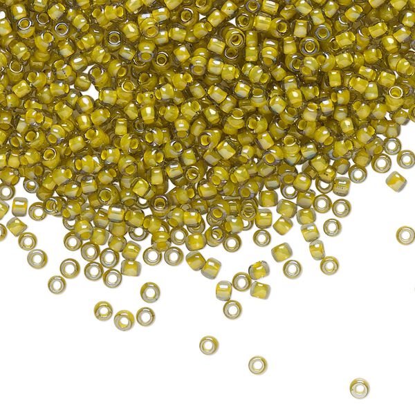Seed bead, TOHO BEADS®, glass, pkg/7.5g, #11 round, opaque luster yellow-lined black diamond (TR-11-246). image number 0