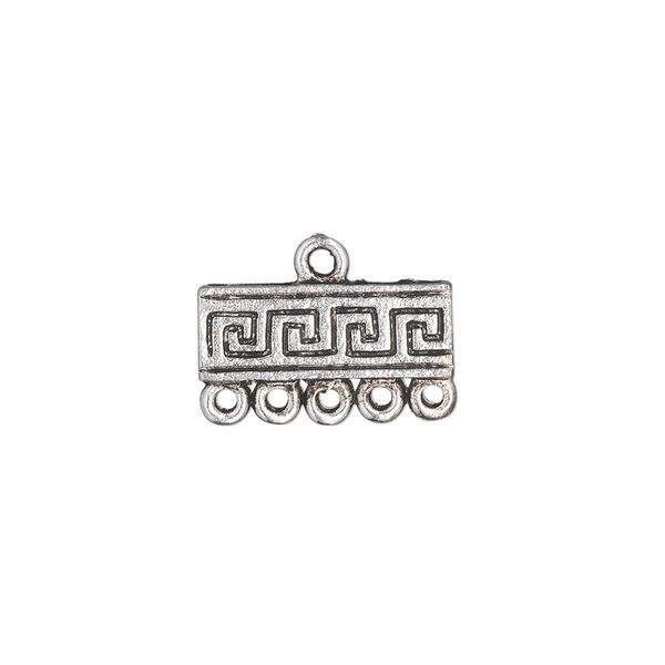 End bar, antique silver-plated "pewter" (zinc-based alloy), 17x6mm single-sided rectangle with Greek key design and 5 loops. Sold per pkg of 10. image number 0