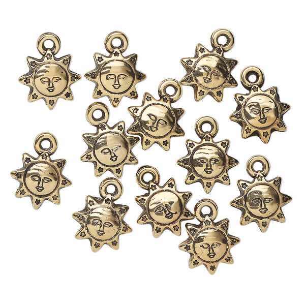 Drop, acrylic, antique gold, 14x13mm double-sided sun with face. Sold per pkg of 12. image number 0