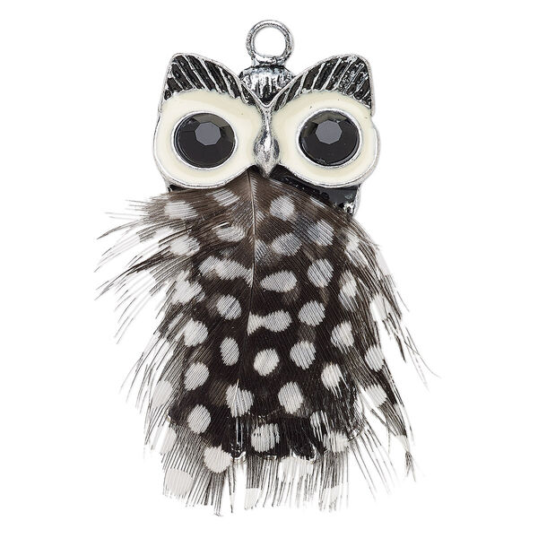 Focal, feather (natural) / acrylic rhinestone / enamel / antique silver-finished steel / "pewter" (zinc-based alloy), white and black, 52x29mm owl. Sold individually. image number 0