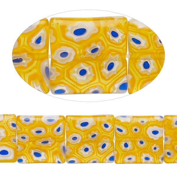 Bead, millefiori glass, translucent golden orange / cobalt blue / white, 12mm puffed square with flower design. Sold per 14-inch strand. image number 0