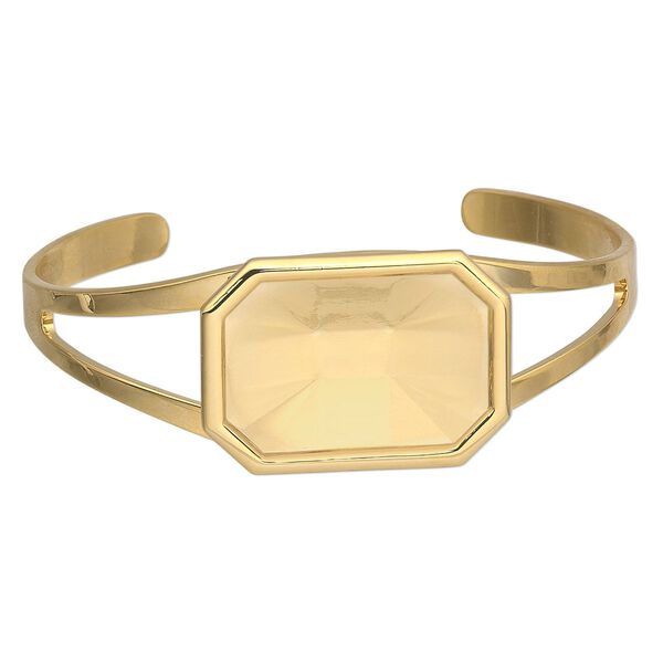 Bracelet, Almost Instant Jewelry®, cuff, gold-plated brass and "pewter" (zinc-based alloy), 60x24mm with 27x18.5mm emerald-cut setting, adjustable. Sold individually. image number 0