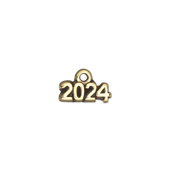 Charm, antique gold-plated "pewter" (tin-based alloy), 13x5mm single-sided "2024". Sold per pkg of 2. image number 0