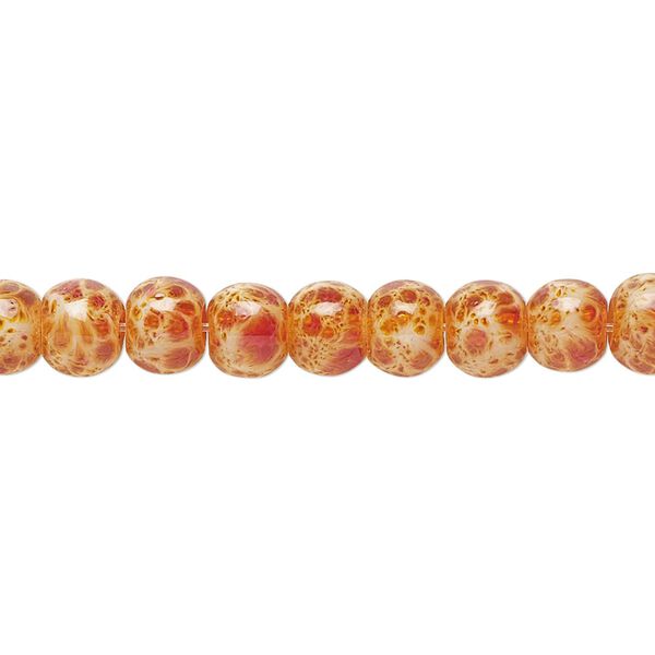 Bead, glass, opaque orange and red, 5-6mm round with random spotted pattern. Sold per 15-1/2" to 16" strand. image number 0