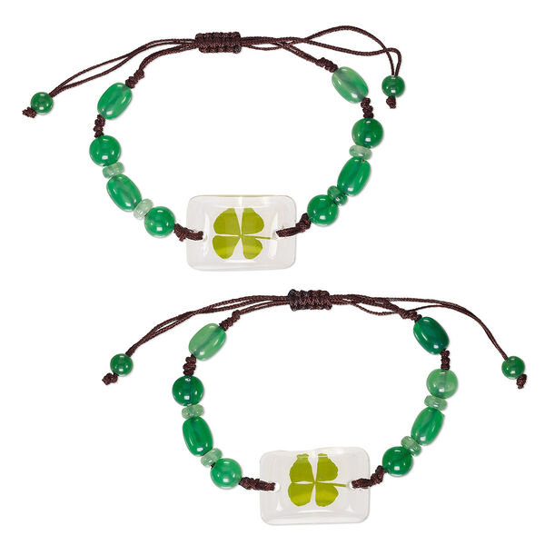 Bracelet, resin / 4-leaf clover / cotton, green / clear / brown, 8mm round / 10x7mm oval / 28x19mm domed rectangle, adjustable from 5-9 inches with macramé knot closure. Sold per pkg of 2. image number 0